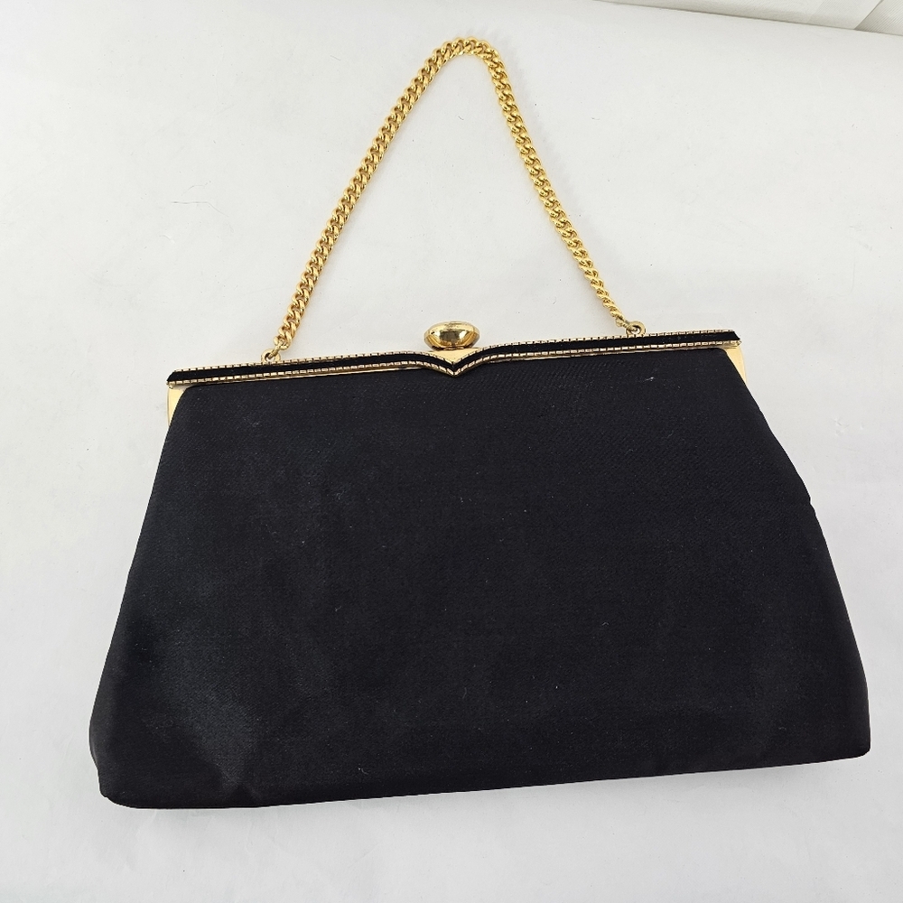 Vintage Coblentz Black Satin  Convertible Clutch Evening Bag Gold Chain Hinge